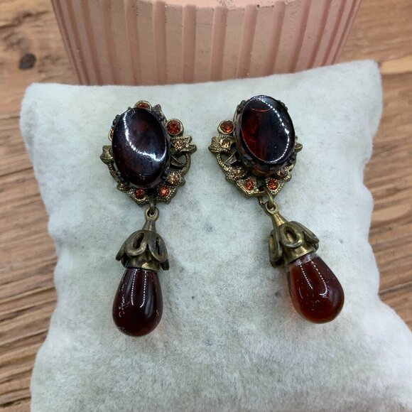 Vintage Jewelry - Czech Victorian Revival Brass Amber Glass Vintage Dangle Stud Earrings